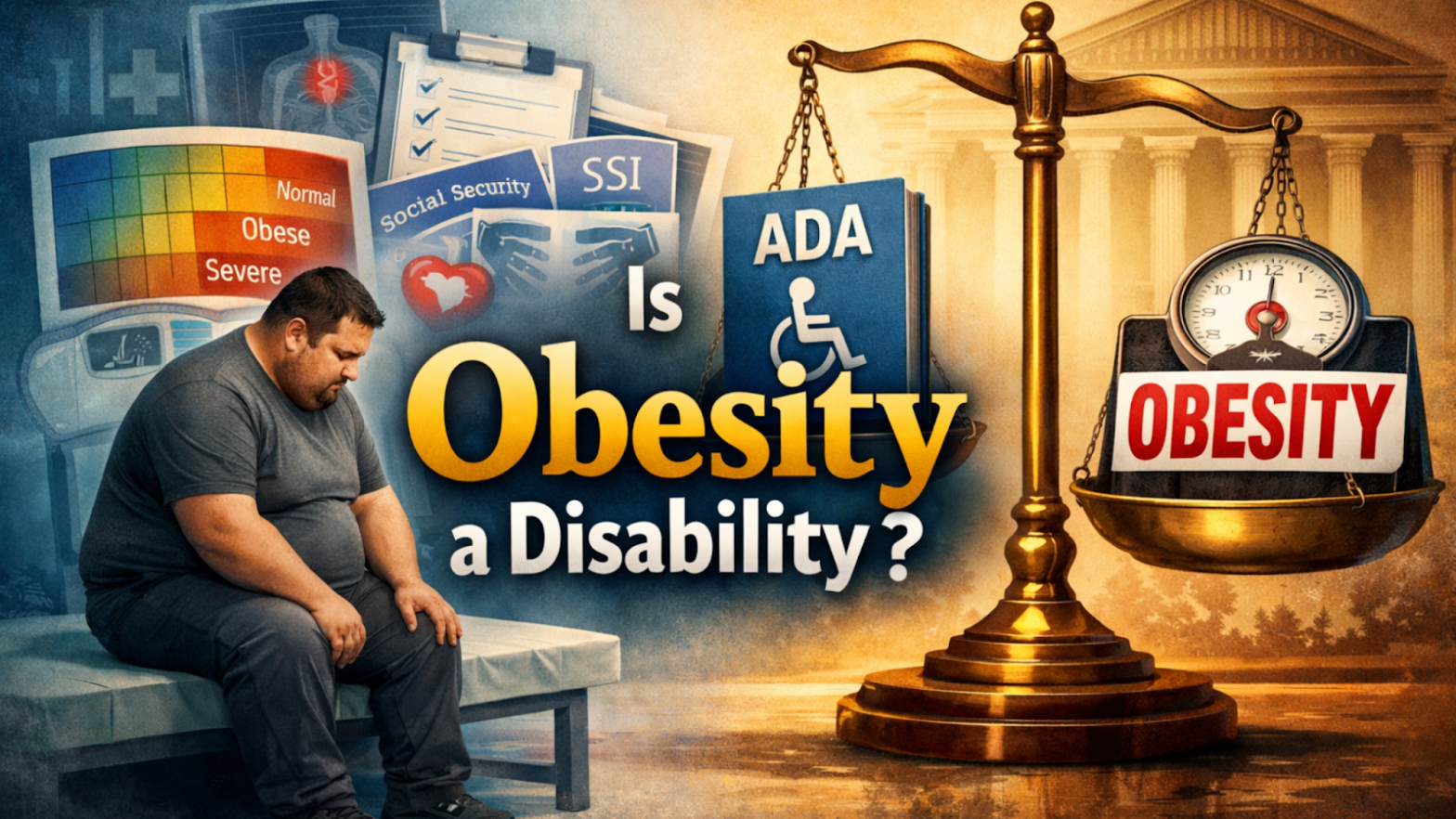 Obesity disability concept showing ADA, SSI, and legal scales with obese man