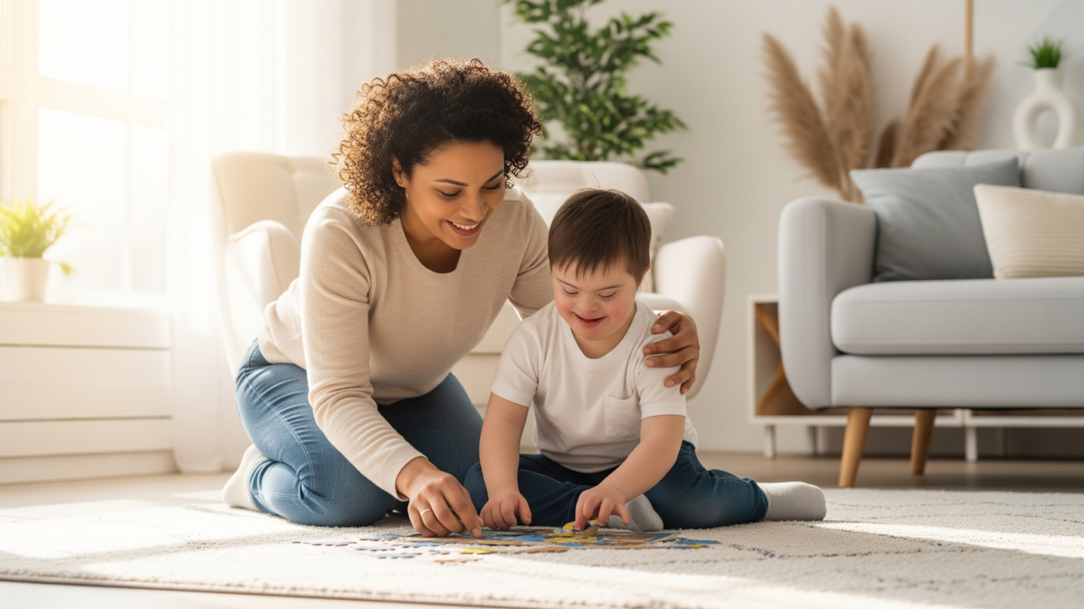 Parent supporting a disabled child in a warm home environment with care and trust.