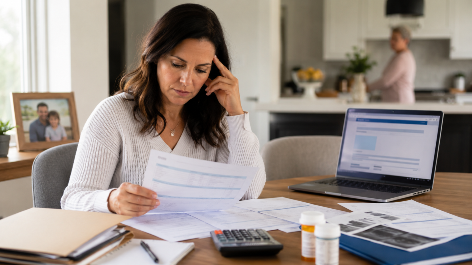 Adult reviewing Social Security disability paperwork and medical documents at home with a laptop, calculator, and prescription bottles in a bright home setting